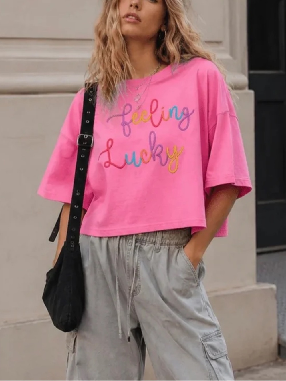 Peach Love California Feeling Lucky Pink Cropped Women's Tee